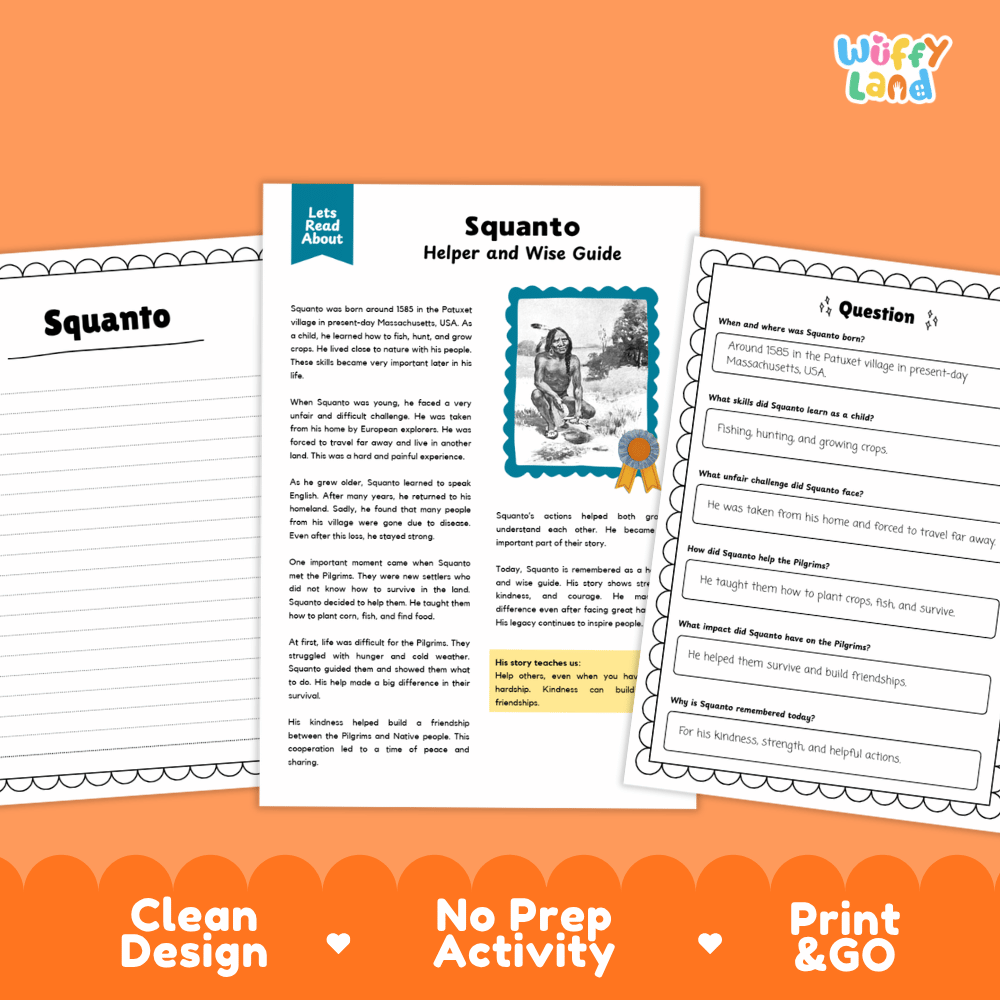 Three printable educational activity sheets about Squanto from the book 'Let's Read About Squanto' are shown on an orange background. The center sheet is titled 'Squanto Helper and Wise Guide' with text and a small illustration.