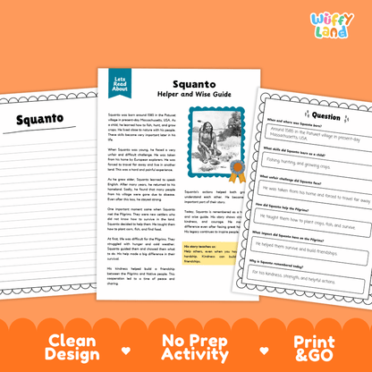 Three printable educational activity sheets about Squanto from the book 'Let's Read About Squanto' are shown on an orange background. The center sheet is titled 'Squanto Helper and Wise Guide' with text and a small illustration.
