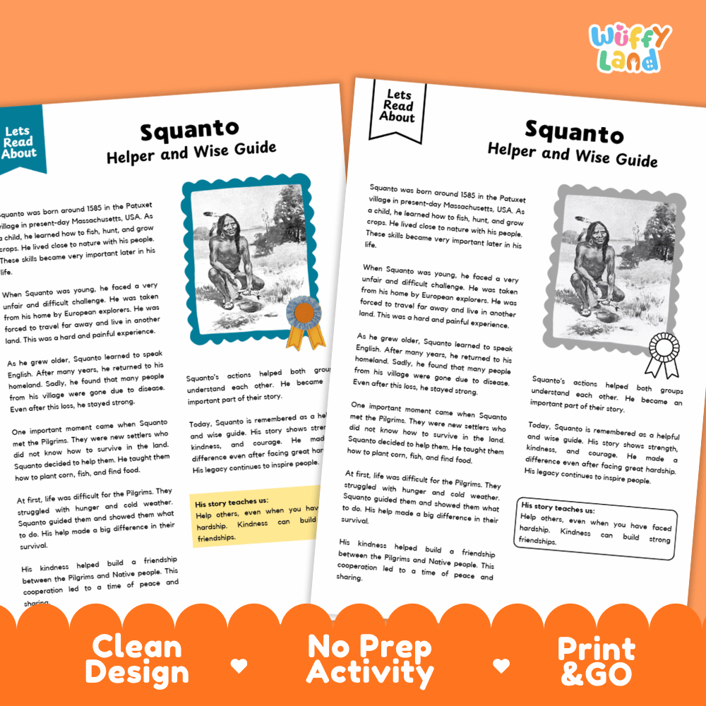 Two printed activity sheets titled 'Squanto Helper and Wise Guide' from the brand 'Wiffly Land,' shown on an orange promotional background with text reading 'Clean Design,' 'No Prep Activity,' and 'Print & GO.' The sheets contain text blocks, small illustrations, and a portrait photo of a person.