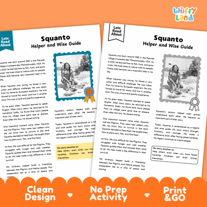Two printed activity sheets titled 'Squanto Helper and Wise Guide' from the brand 'Wiffly Land,' shown on an orange promotional background with text reading 'Clean Design,' 'No Prep Activity,' and 'Print & GO.' The sheets contain text blocks, small illustrations, and a portrait photo of a person.