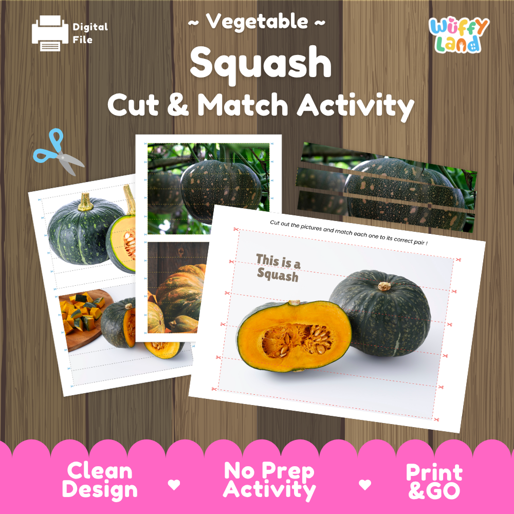 Squash cut and match activity cover showing printable fine motor puzzle sheets and vegetable photographs
