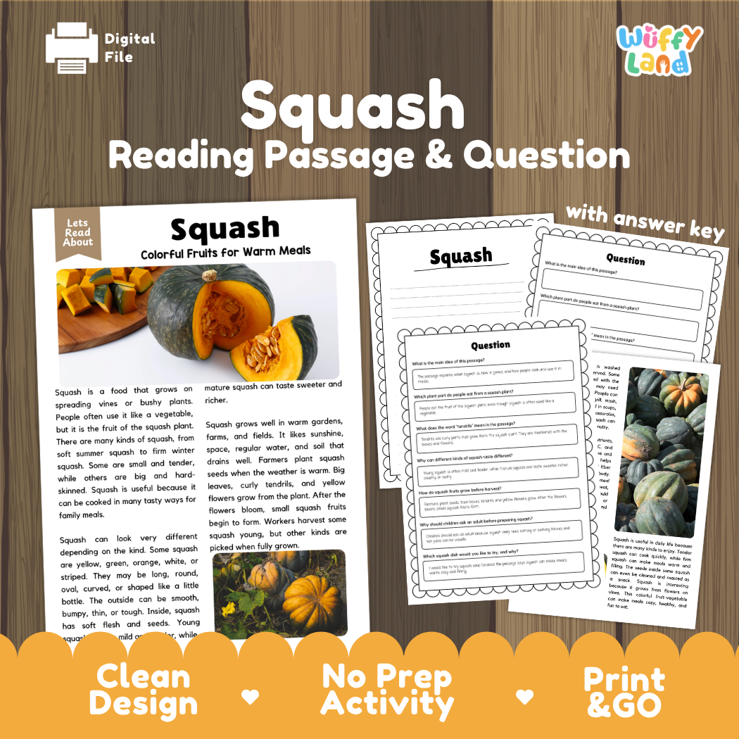 Squash reading comprehension passage and questions printable activity pack with answer key for elementary students