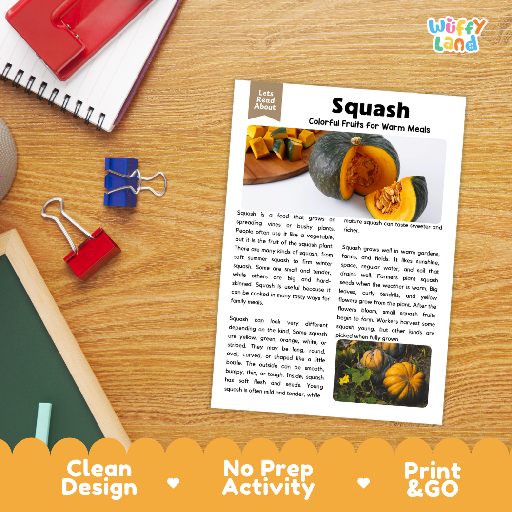 Student reading comprehension worksheet with short-answer questions and lined sections about squash vegetables
