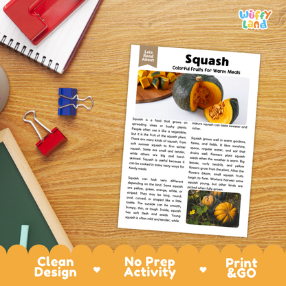 Student reading comprehension worksheet with short-answer questions and lined sections about squash vegetables