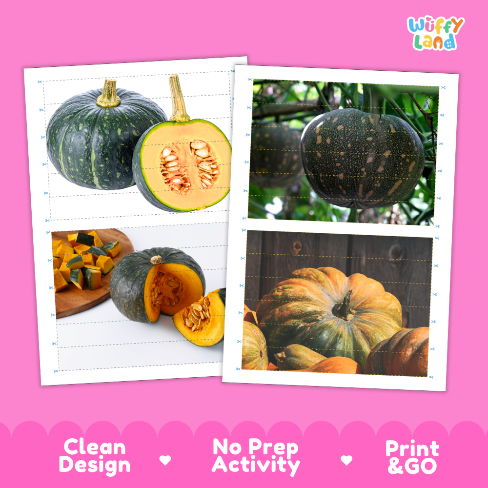 Printable activity sheets featuring photographic squash puzzle boards and cutting guides
