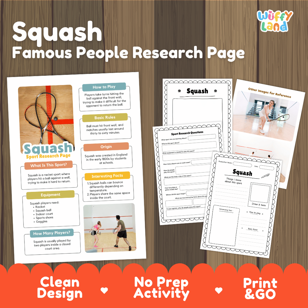 Squash Sport Research Project Worksheets and Fact Sheet