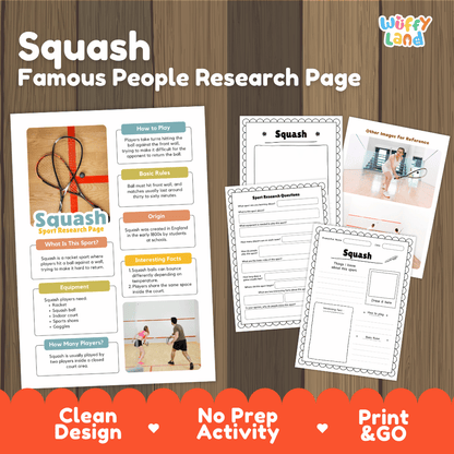 Squash Sport Research Project Worksheets and Fact Sheet
