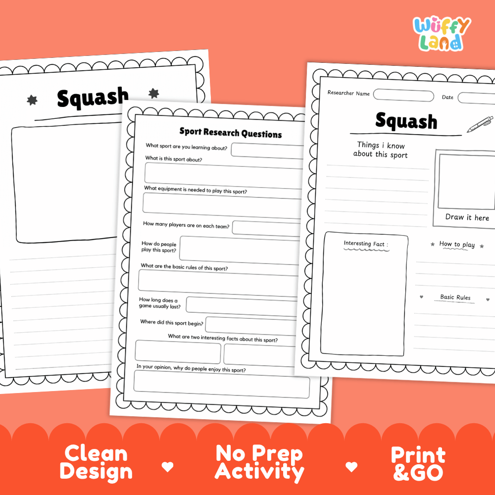 Squash Sport Research Project Worksheets and Fact Sheet