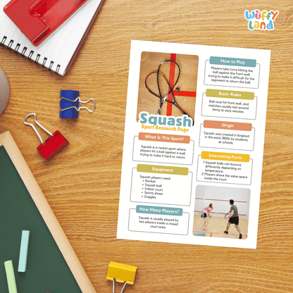 Squash Sport Research Project Worksheets and Fact Sheet