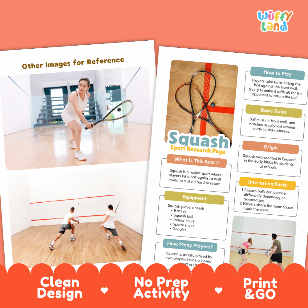 Squash Sport Research Project Worksheets and Fact Sheet