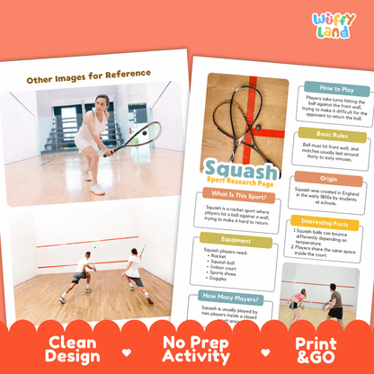 Squash Sport Research Project Worksheets and Fact Sheet