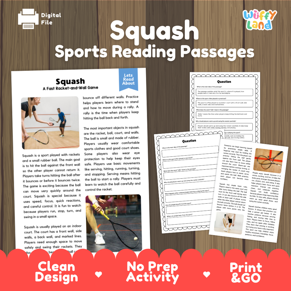 Squash Sports Reading Passages and Comprehension Questions Worksheets