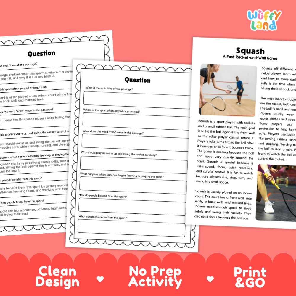 Squash Sports Reading Passages and Comprehension Questions Worksheets