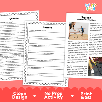 Squash Sports Reading Passages and Comprehension Questions Worksheets