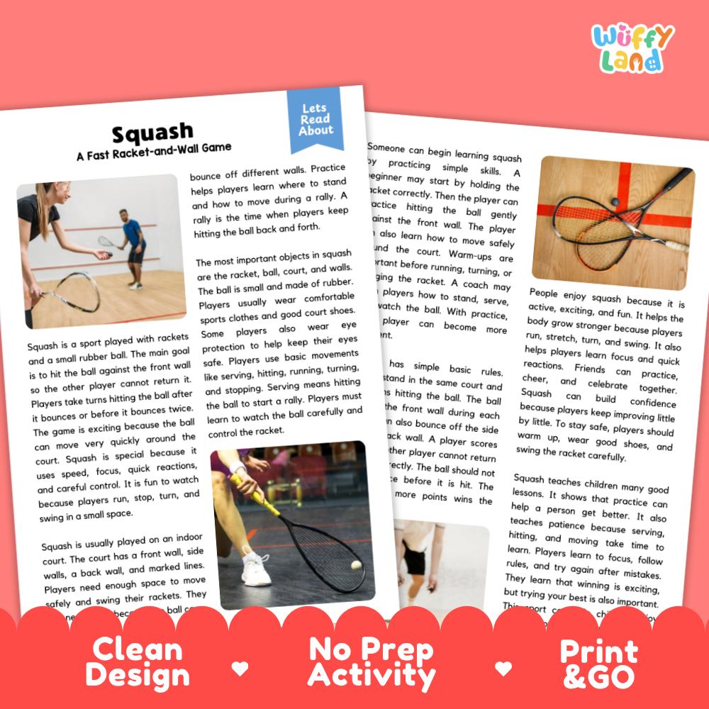 Squash Sports Reading Passages and Comprehension Questions Worksheets