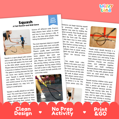 Squash Sports Reading Passages and Comprehension Questions Worksheets