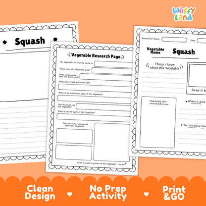 Squash Vegetable Research Page Worksheets and Fact Sheet