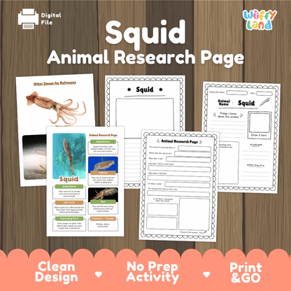 A digital product preview for a 'Squid Animal Research Page' activity sheet set by 'Wiffly Land'. The image shows several printable worksheet pages and a reference card laid out on a brown wood-grain background, with promotional text banners at the bottom.