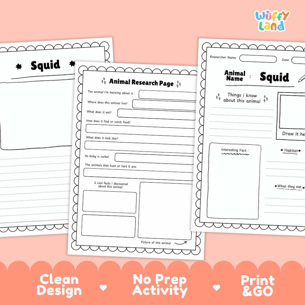 Three printable worksheet pages for learning about squids arranged on a peach background, with text at the bottom reading 'Clean Design', 'No Prep Activity', and 'Print & GO'. The pages are mostly white with black text and outlines, and the Wiffy Land logo appears in the top right.