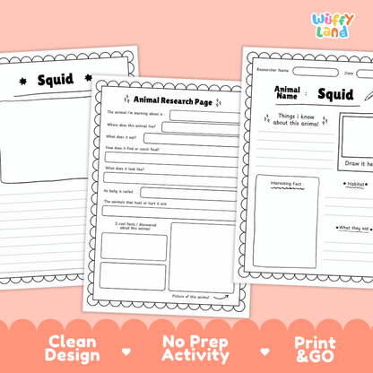 Three printable worksheet pages for learning about squids arranged on a peach background, with text at the bottom reading 'Clean Design', 'No Prep Activity', and 'Print & GO'. The pages are mostly white with black text and outlines, and the Wiffy Land logo appears in the top right.