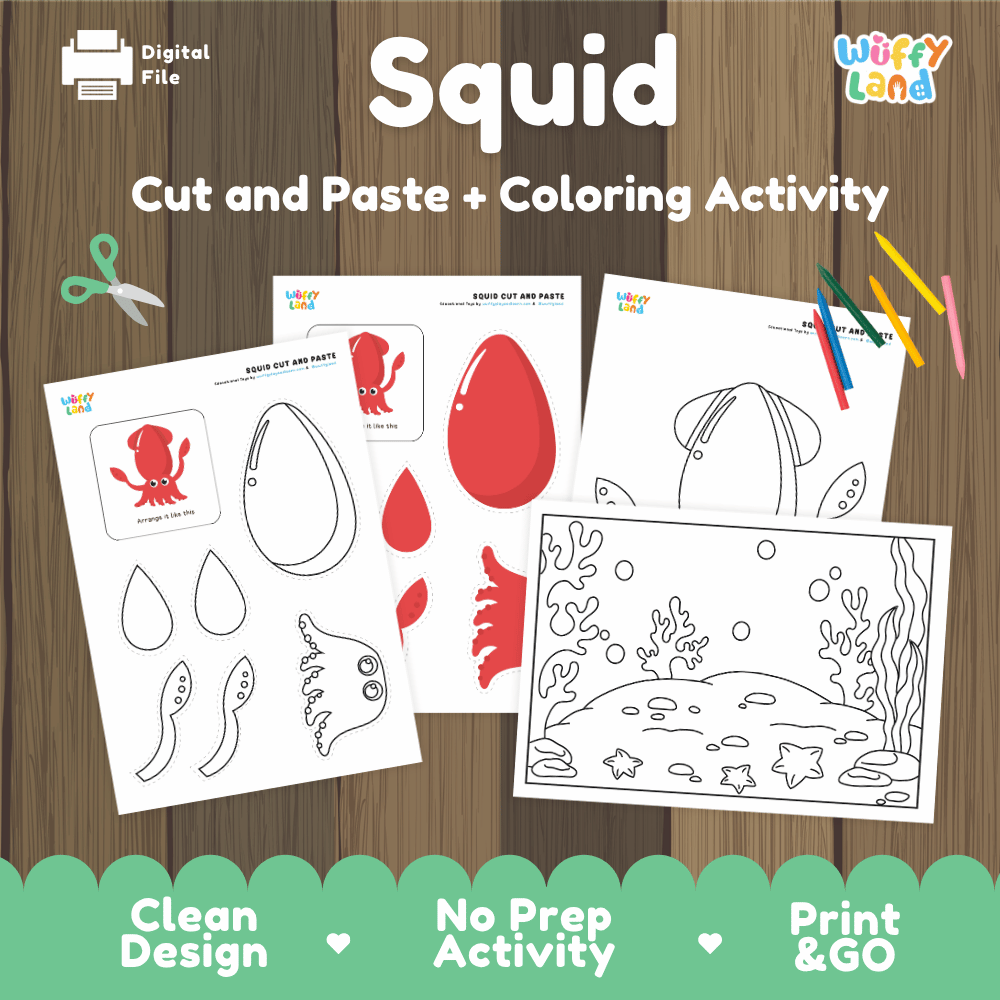 Squid Cut and Paste Craft and Coloring Pages Activity Worksheets