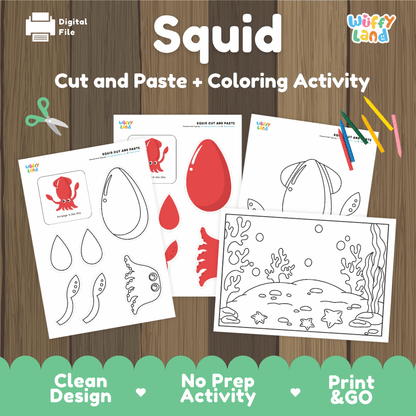 Squid Cut and Paste Craft and Coloring Pages Activity Worksheets