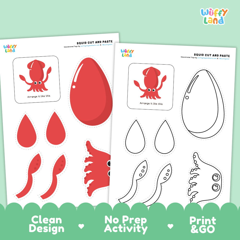 Squid Cut and Paste Craft and Coloring Pages Activity Worksheets