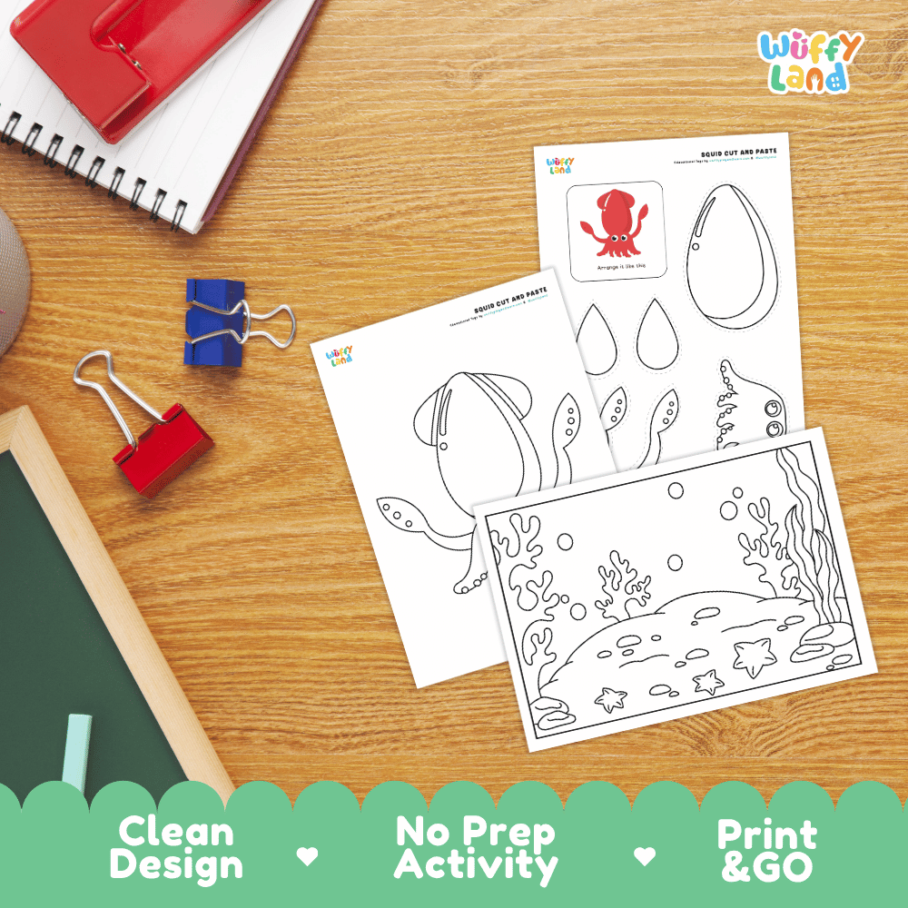 Squid Cut and Paste Craft and Coloring Pages Activity Worksheets