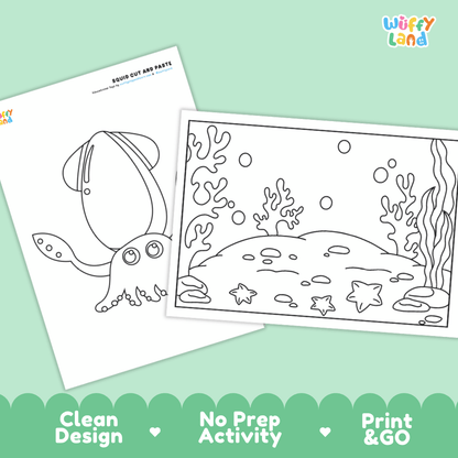 Squid Cut and Paste Craft and Coloring Pages Activity Worksheets