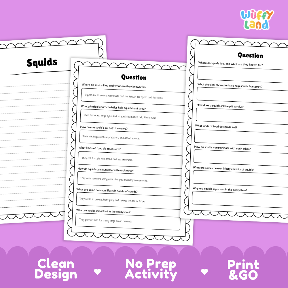 Squid Reading Passage and Comprehension Questions Worksheets