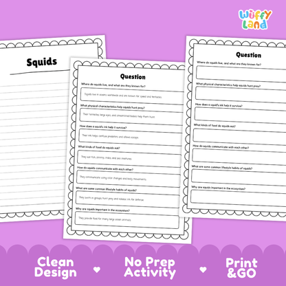 Squid Reading Passage and Comprehension Questions Worksheets