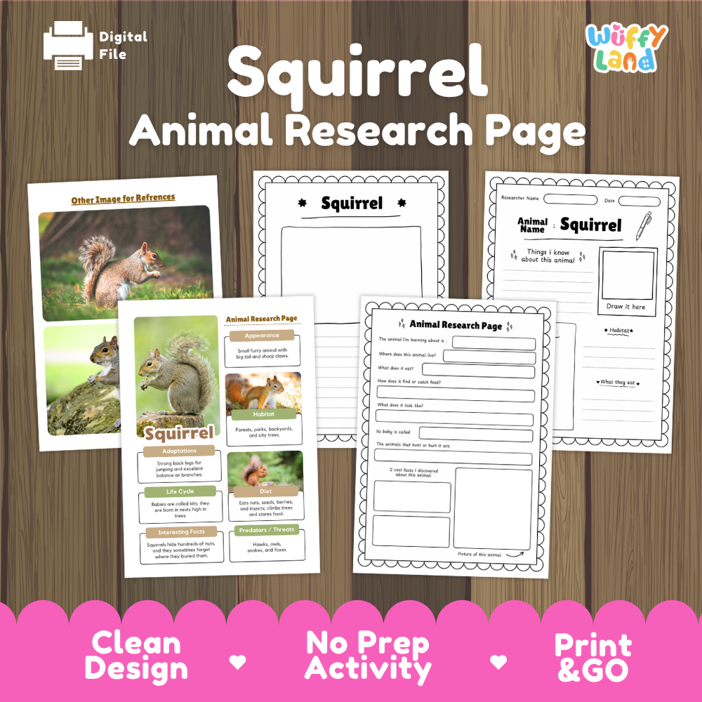 A digital preview of a printable 'Squirrel Animal Research Page' activity sheet set by Wiffy Land, displayed on a wood-grain background with a pink banner at the bottom highlighting key features like 'Clean Design', 'No Prep Activity', and 'Print & GO'.