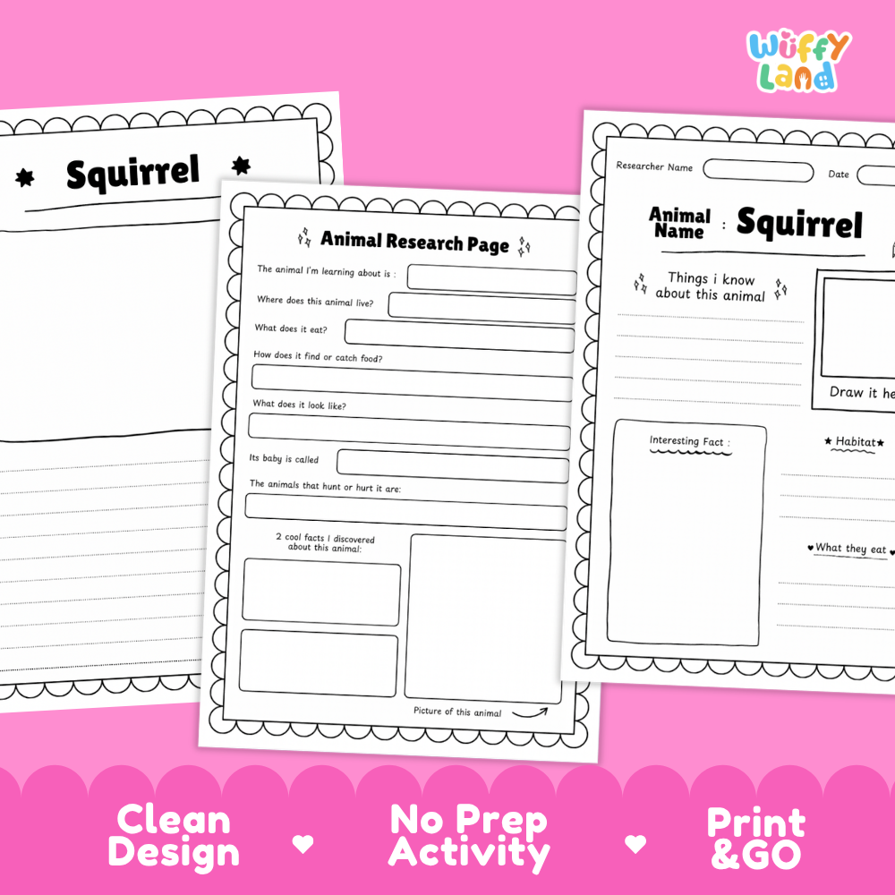 Three printable animal research worksheet pages for squirrels arranged on a bright pink background with decorative scalloped borders and text reading 'Clean Design', 'No Prep Activity', and 'Print & GO'. The top-right corner shows the brand name 'Wiffy Land'.
