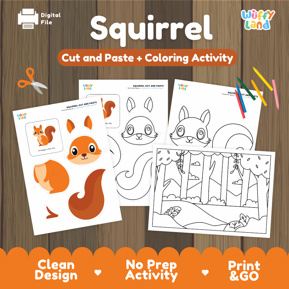 Squirrel Cut and Paste Craft and Coloring Pages Activity Worksheets
