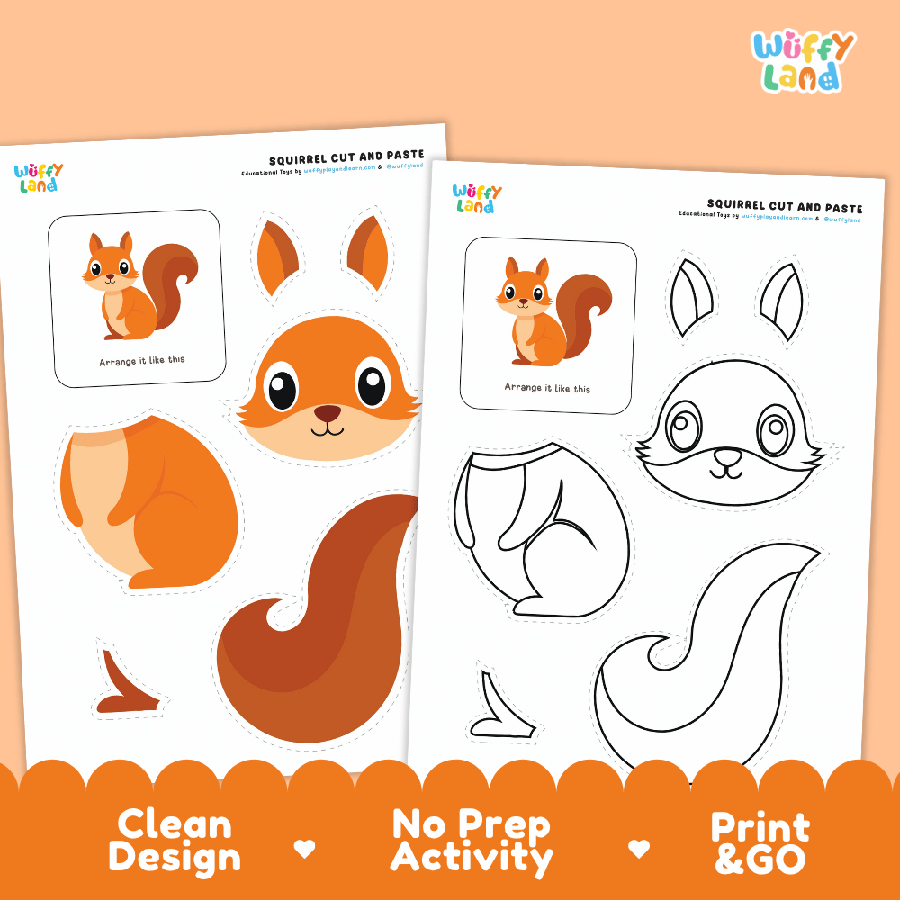 Squirrel Cut and Paste Craft and Coloring Pages Activity Worksheets
