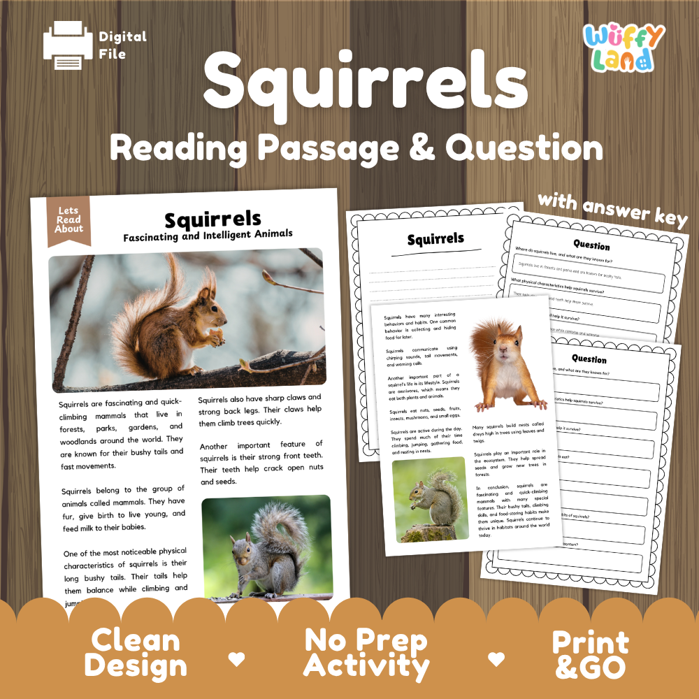Digital reading activity bundle for 'Squirrels' featuring a reading passage, comprehension questions, and an answer key, displayed on a wood-grain background with promotional banners at the bottom.