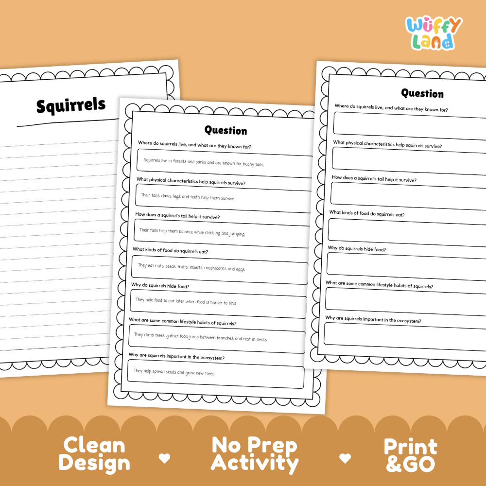 Three printable worksheet pages about squirrels are shown on an orange background with promotional text reading 'Clean Design', 'No Prep Activity', and 'Print & GO'. The worksheets have a white page background with black text and decorative border lines.