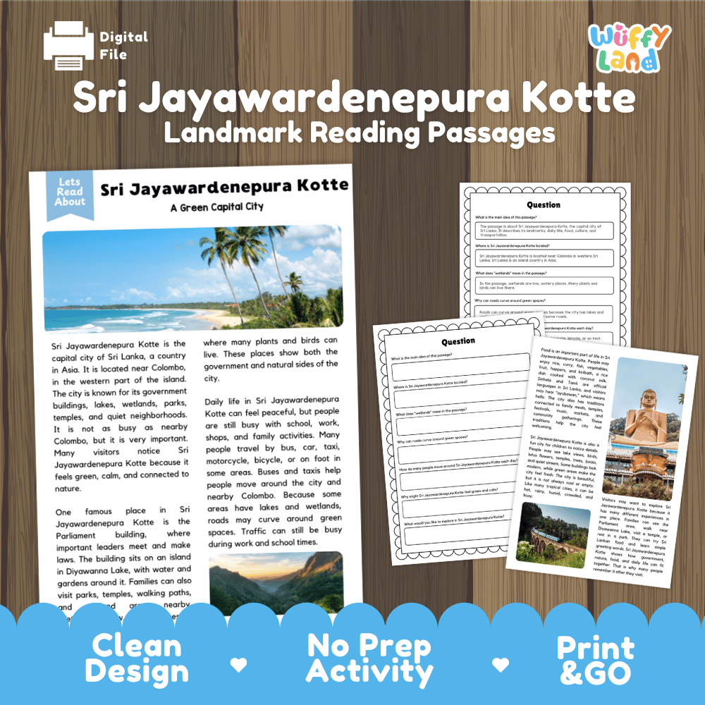 Sri Jayawardenepura Kotte landmark reading passage and comprehension worksheet educational unit featuring nonfiction text and authentic Sri Lanka coastal photography