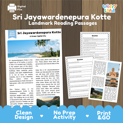 Sri Jayawardenepura Kotte landmark reading passage and comprehension worksheet educational unit featuring nonfiction text and authentic Sri Lanka coastal photography