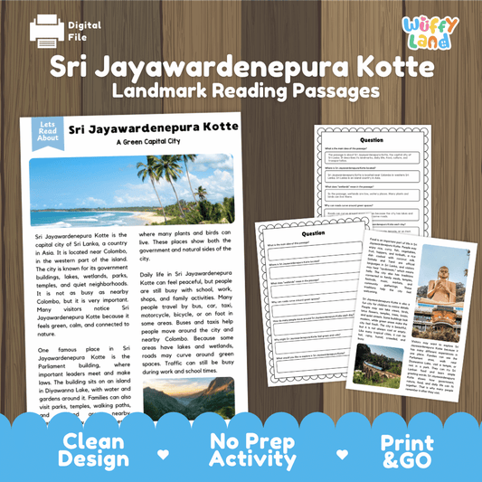 Sri Jayawardenepura Kotte landmark reading passage and comprehension worksheet educational unit featuring nonfiction text and authentic Sri Lanka coastal photography