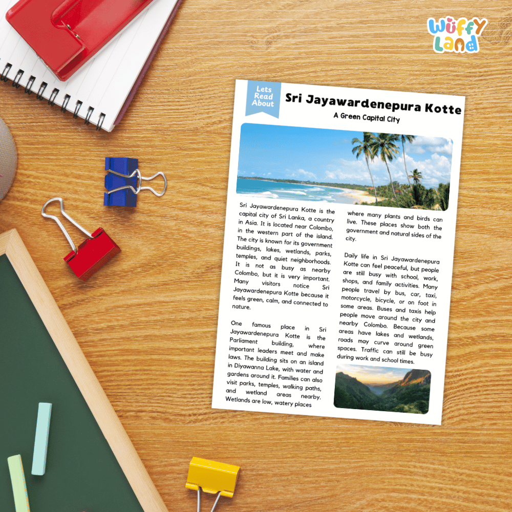 Lined reading comprehension question worksheet covering main ideas vocabulary terms and landmark facts about Sri Jayawardenepura Kotte Sri Lanka