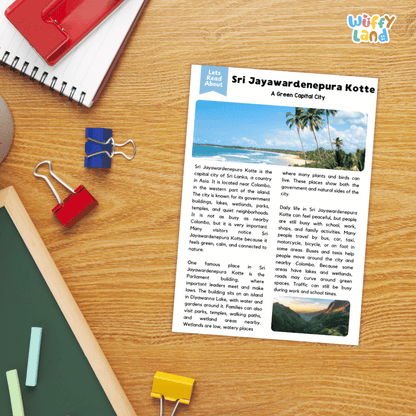 Lined reading comprehension question worksheet covering main ideas vocabulary terms and landmark facts about Sri Jayawardenepura Kotte Sri Lanka