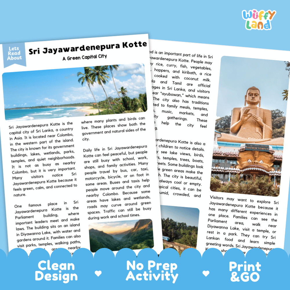 Reference sheet and answer key for Sri Jayawardenepura Kotte landmark reading passage displaying completed comprehension answers and South Asian geography facts