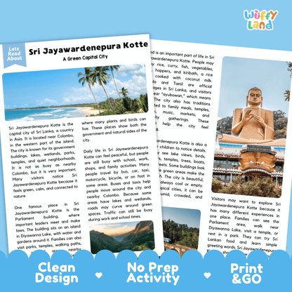 Reference sheet and answer key for Sri Jayawardenepura Kotte landmark reading passage displaying completed comprehension answers and South Asian geography facts
