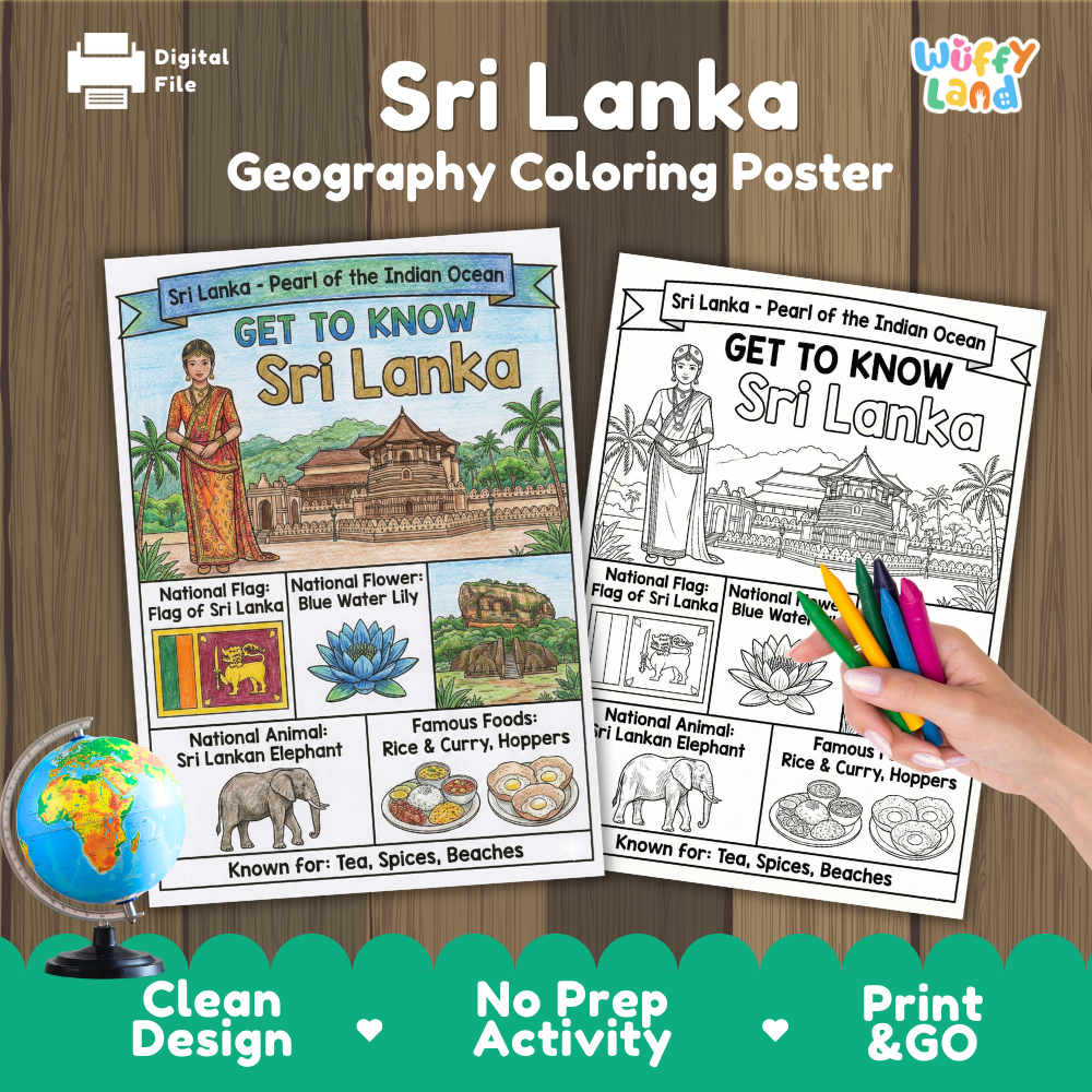 Get to know Sri Lanka coloring poster paired with photo flashcards of Sigiriya Rock Fortress, Kandyan dance, Rice and Curry, and Dambulla
