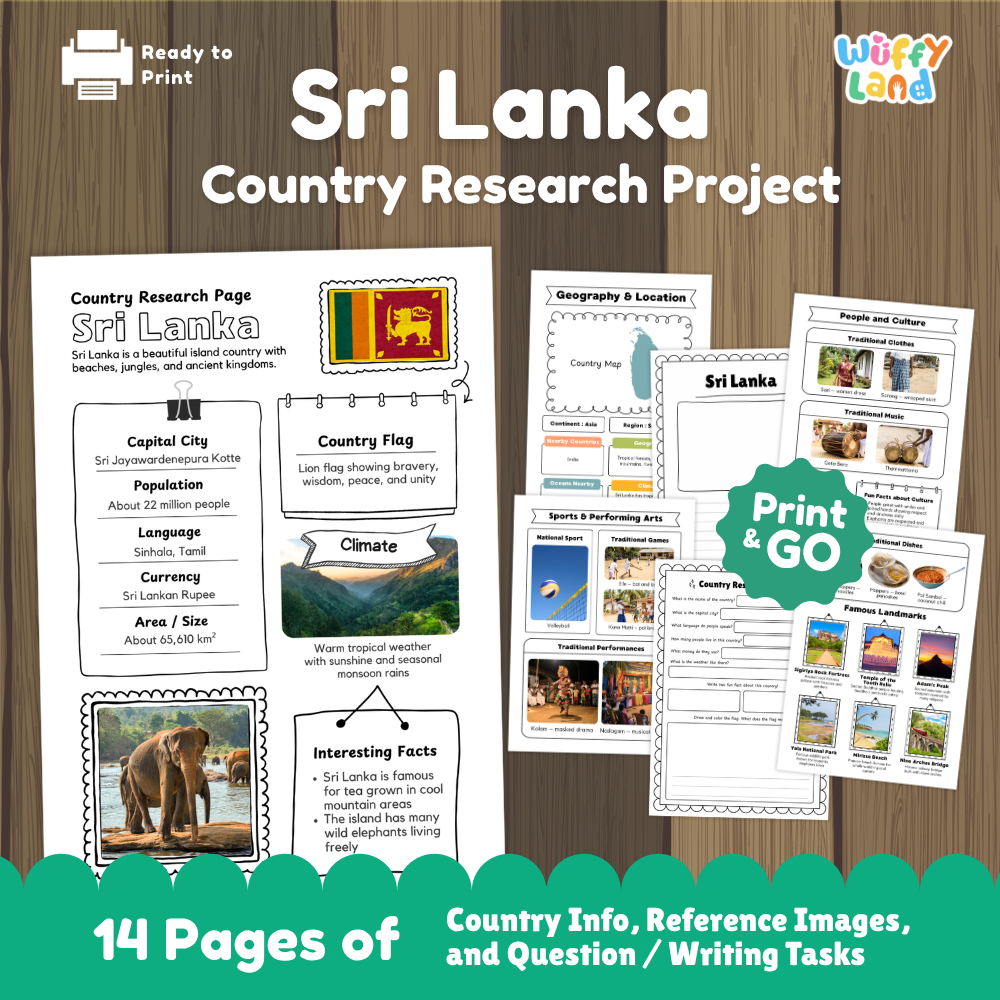Student country research worksheet on Sri Lanka featuring Lion Flag, Sri Jayawardenepura Kotte capital facts, climate, and island map