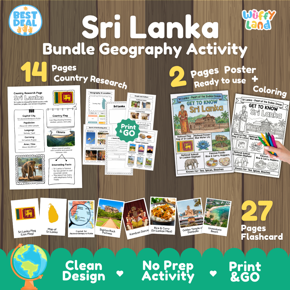 Sri Lanka geography activity bundle cover showing 14 country research pages, 2 ready to use coloring posters, and 27 photo flashcards