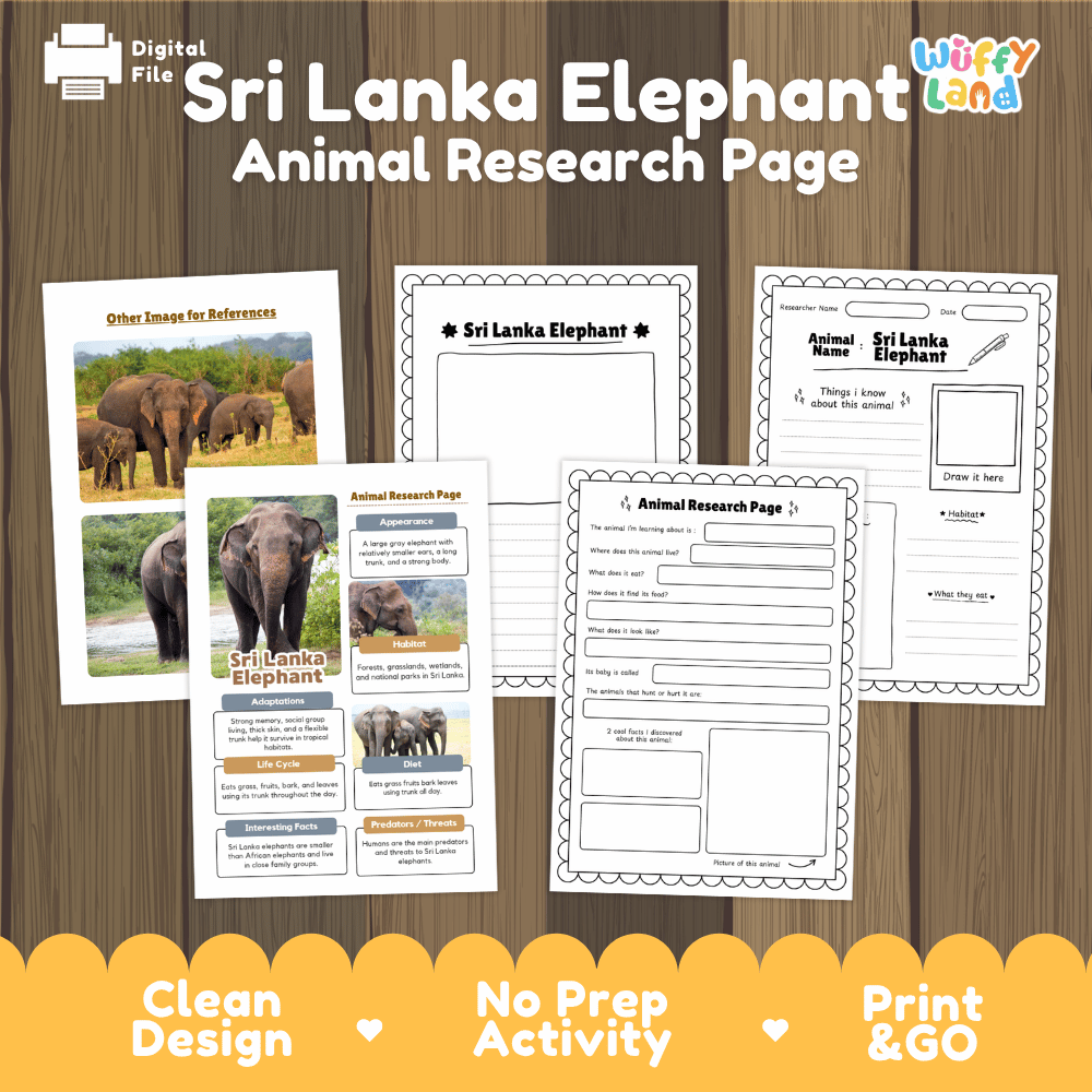 Sri Lanka Elephant Animal Research Worksheets and Informational Fact Sheets