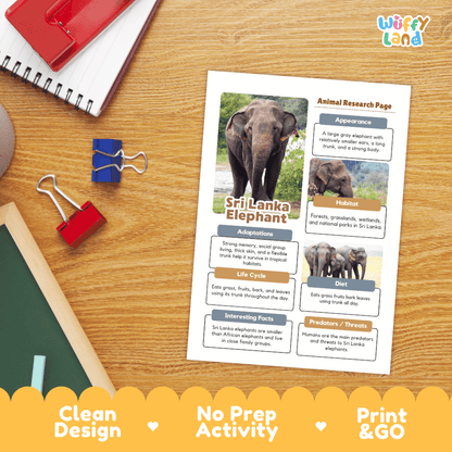 Sri Lanka Elephant Animal Research Worksheets and Informational Fact Sheets