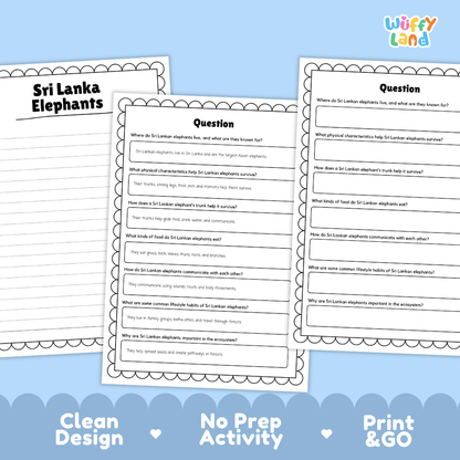 Sri Lanka Elephant Reading Passage and Comprehension Questions with Answer Key Worksheets